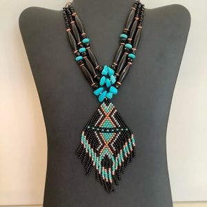 Turquoise Beaded fringed pendant,  hairpipe handmade choker